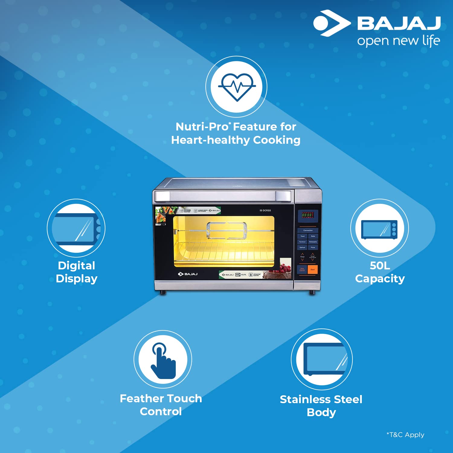 Bajaj 50 Litre Digital Oven Toaster Griller (50 litres OTG) with 6 Pre-Set Menu, Oven for Kitchen with Illuminated Chamber, Motorised Rotisserie & Convection, 2 Year Warranty Black & Silver ( OPEN BOX ) Bajaj 50 Litre Digital Oven Toaster Griller (50 litres OTG) with 6 Pre-Set Menu, Oven for Kitchen with Illuminated Chamber, Motorised Rotisserie & Convection, 2 Year Warranty Black & Silver ( OPEN BOX )